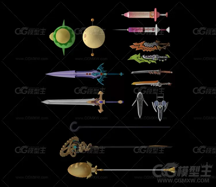 3D游戏武器模型 刀剑 禅杖 针管 暗器模型-1