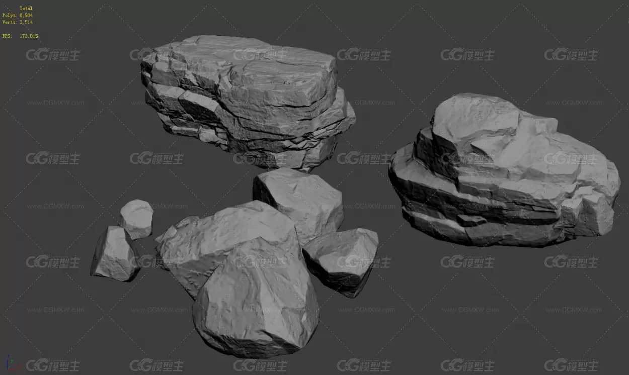 次时代写实三个岩石，黄色石头，贴图清晰，内含obj 和-2