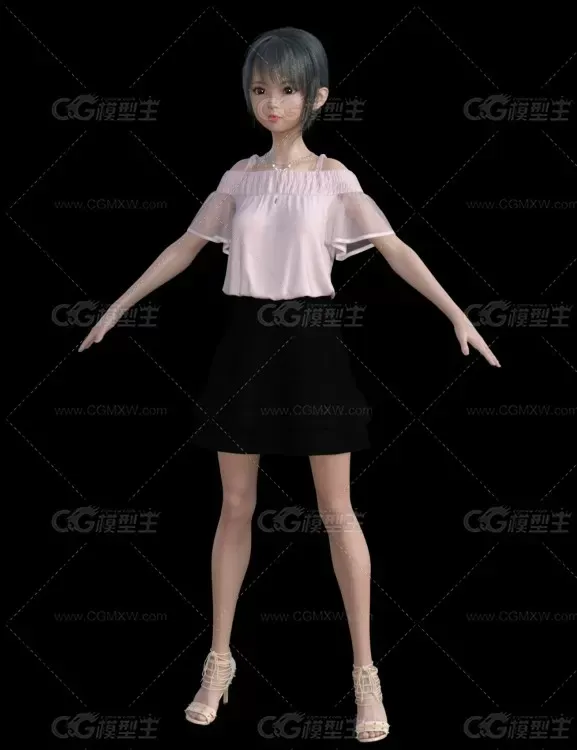 裙子装萝莉女孩  带骨骼绑定-1