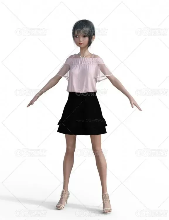 裙子装萝莉女孩  带骨骼绑定-4