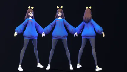 3dmax女孩 卡通角色 二次元 学生 初中 帽衫 日风卡通女孩 休闲小姐姐 短裙 眼镜女...