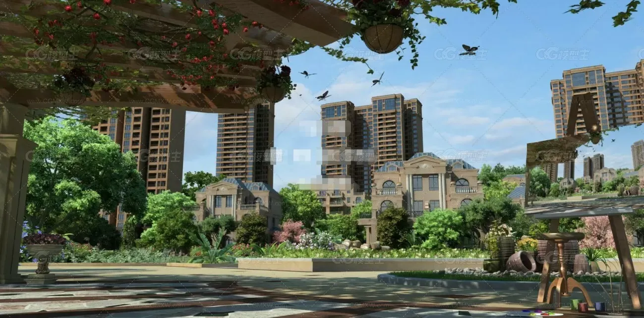 地产 小区 园林 庭院 花园 绘画 画画 别墅 蝴蝶 小鸟 油画 套项目 换楼即渲-1