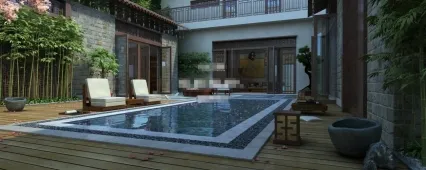 地产 小区 新中式 中庭 庭院 泳池 水池 景观 院落 别墅 模型精细 渲染真实