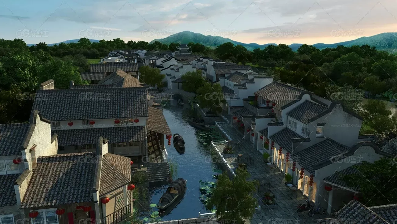 古商街 水街 商业街 古建  中式古商街 小桥 木船 小舟 古镇 江南水乡 旅游度假区 ...-1