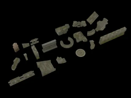 中式游戏古代建筑天阙王城 各种废弃墙体砖块