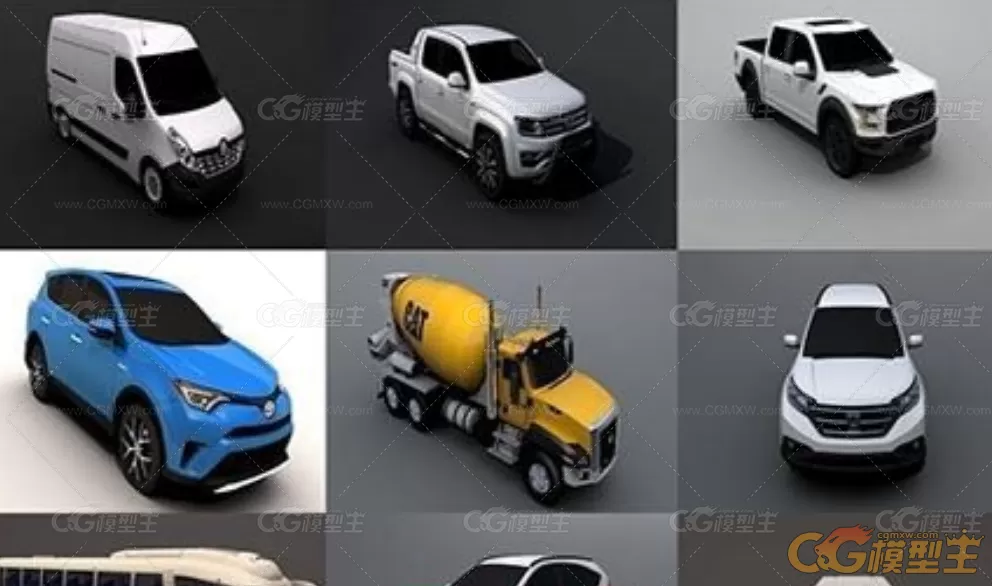 轿车、皮卡、越野车、大巴车、公交车、混凝土搅拌车3D模型-1