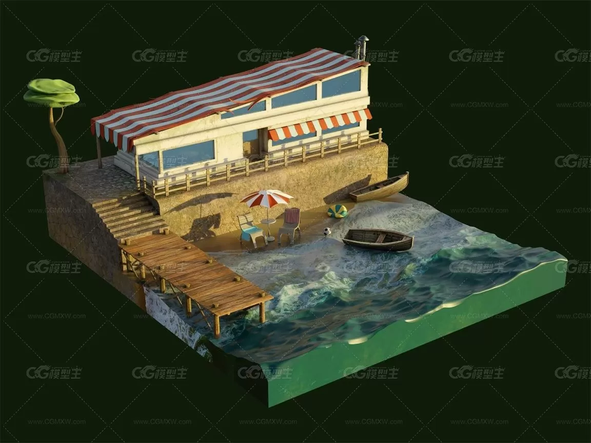 海景小场景 Holiday Beach Cartoon Scene 3D模型-1