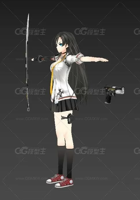 带有双种武器的校园少女3dMax模型（含动作）-2