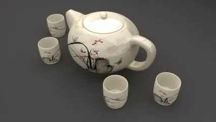 水墨桃花茶具maya模型下载 一套景德镇水分桃花手绘茶杯茶壶maya模型下载