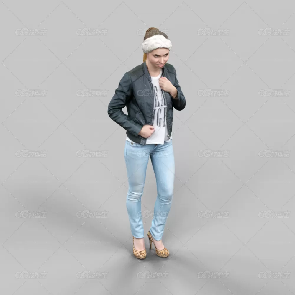 【3D模型】欧美女人 Cute girl in jeans leather jacket and bandana-3