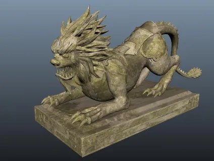 石狮子OBJ模型下载！凶狠的上古神兽猛狮石雕雕刻雕塑3d模型maya模型下载！含贴图