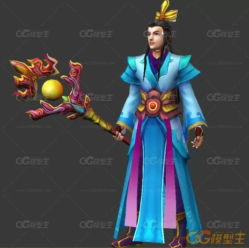 魔杖中式男法师带绑定动作3DMax模型-1