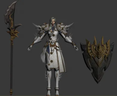 帅气的带绑定动作铠甲女枪盾战士3D模型