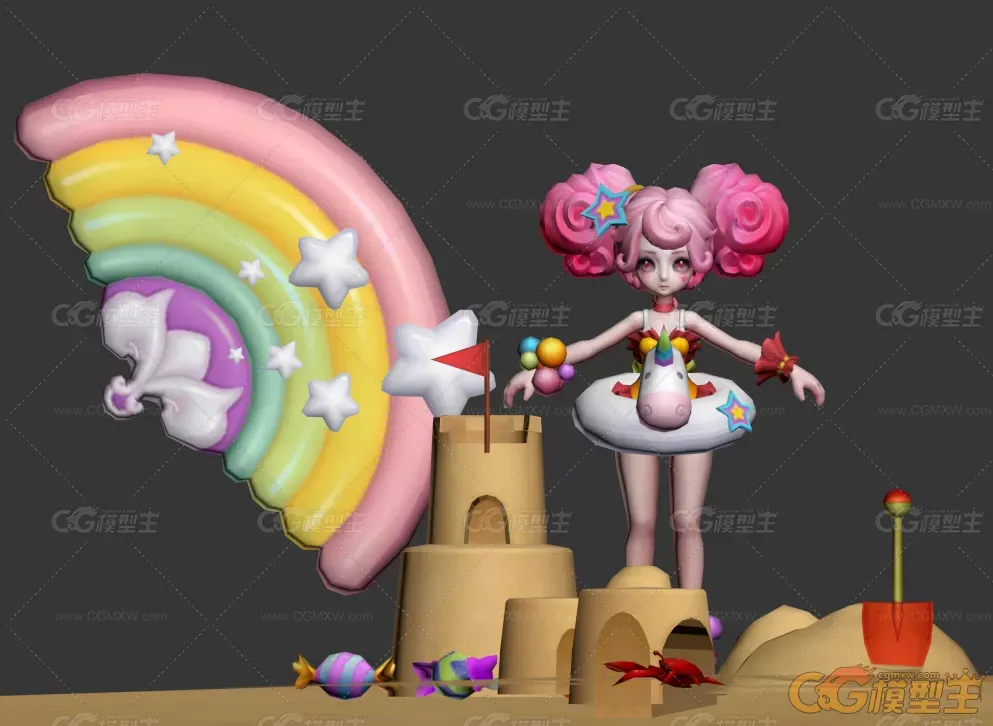 呆萌七彩缤纷独角兽小乔角色3D模型-1