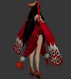 头戴牛角的古风红衣长发女少侠3D模型