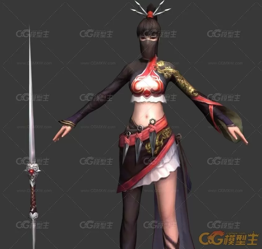 古装蒙面露脐女刺客3D模型 带绑定全套动作-1