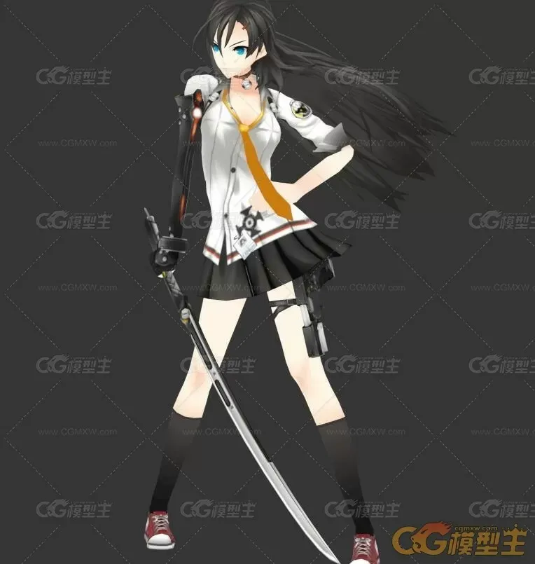 脚戴手枪的黑发美少女战士3D模型-1