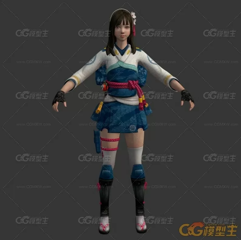 带护膝的和服少女3DMax模型（带绑定奔跑动作）-1