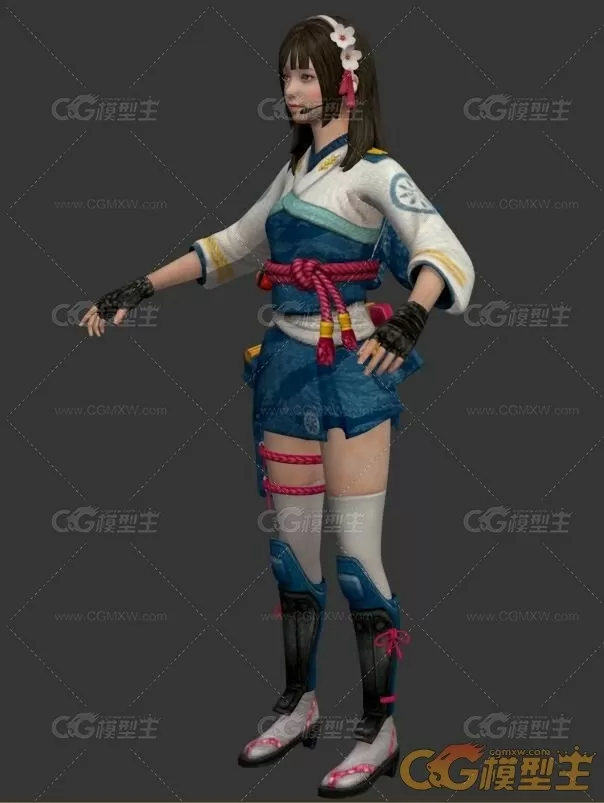 带护膝的和服少女3DMax模型（带绑定奔跑动作）-3