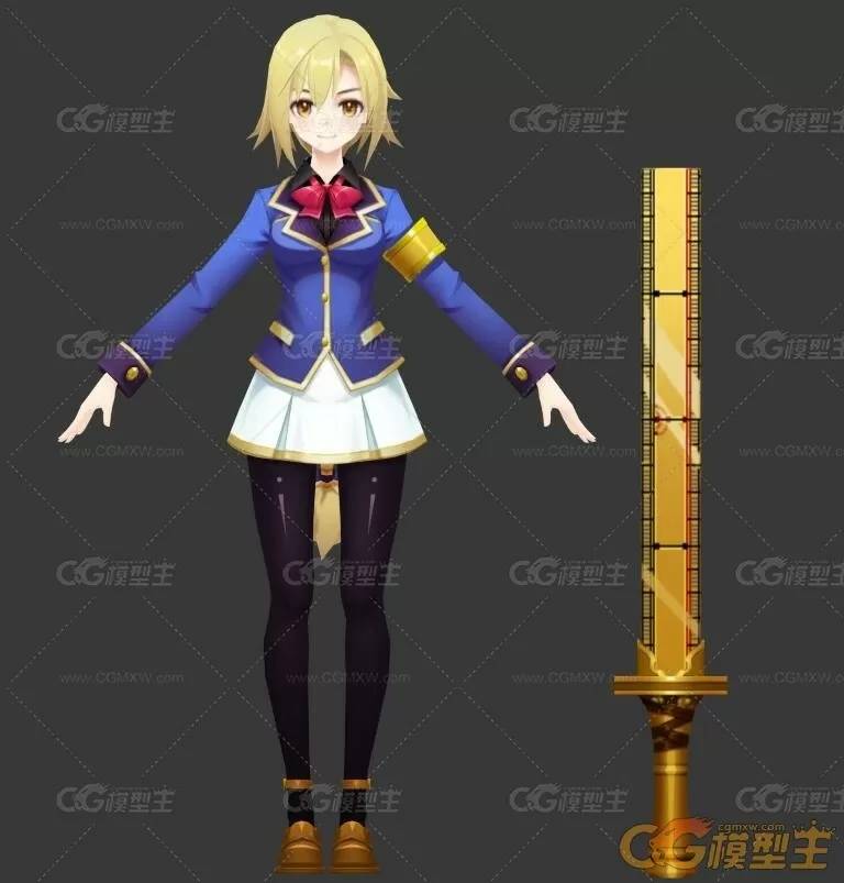 二次元金发美少女四角面3D模型-1