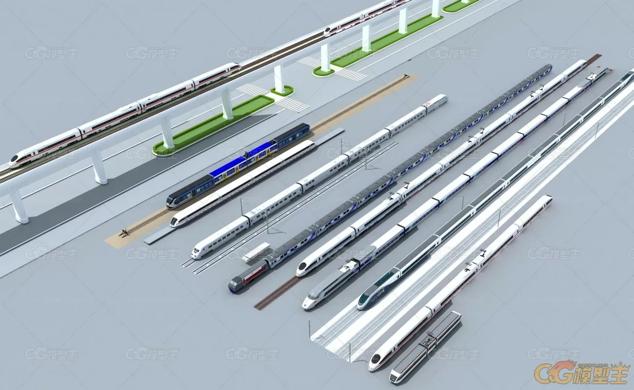 高铁轻轨地铁高架桥轨道列车3D模型-1