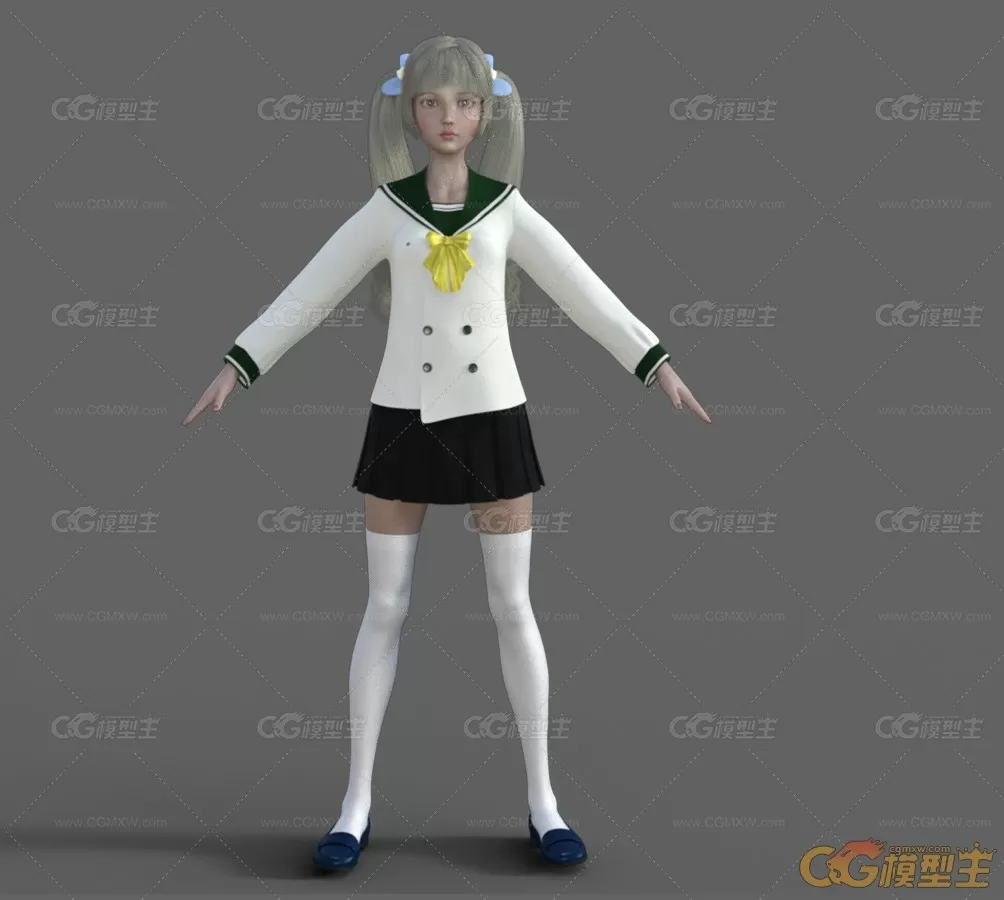 制服女孩 学生双马尾女3D角色模型带绑定-3