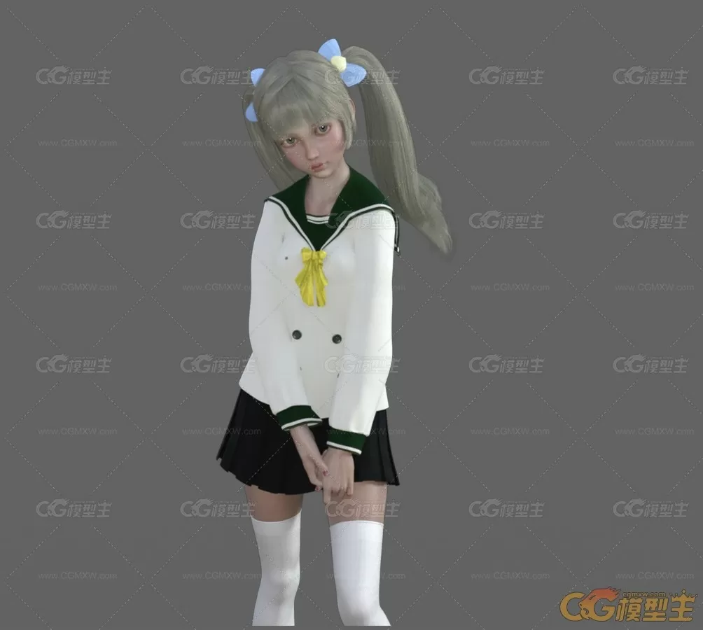 制服女孩 学生双马尾女3D角色模型带绑定-2