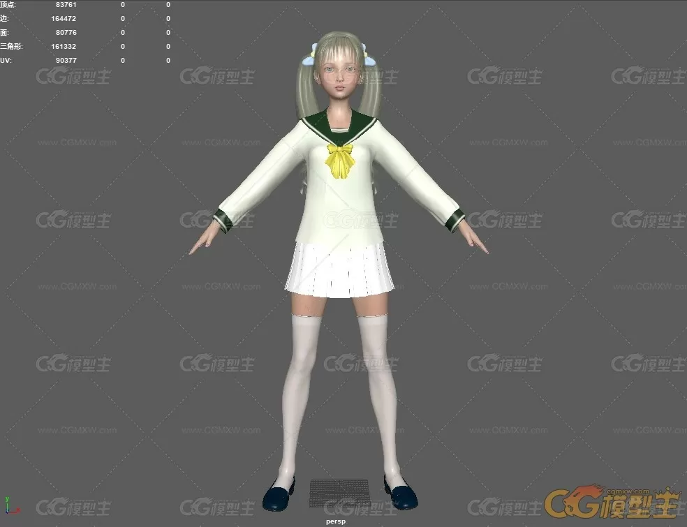 制服女孩 学生双马尾女3D角色模型带绑定-9