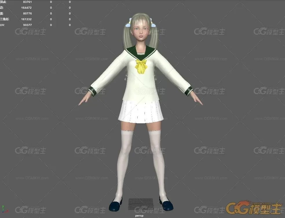 制服女孩 学生双马尾女3D角色模型带绑定-9