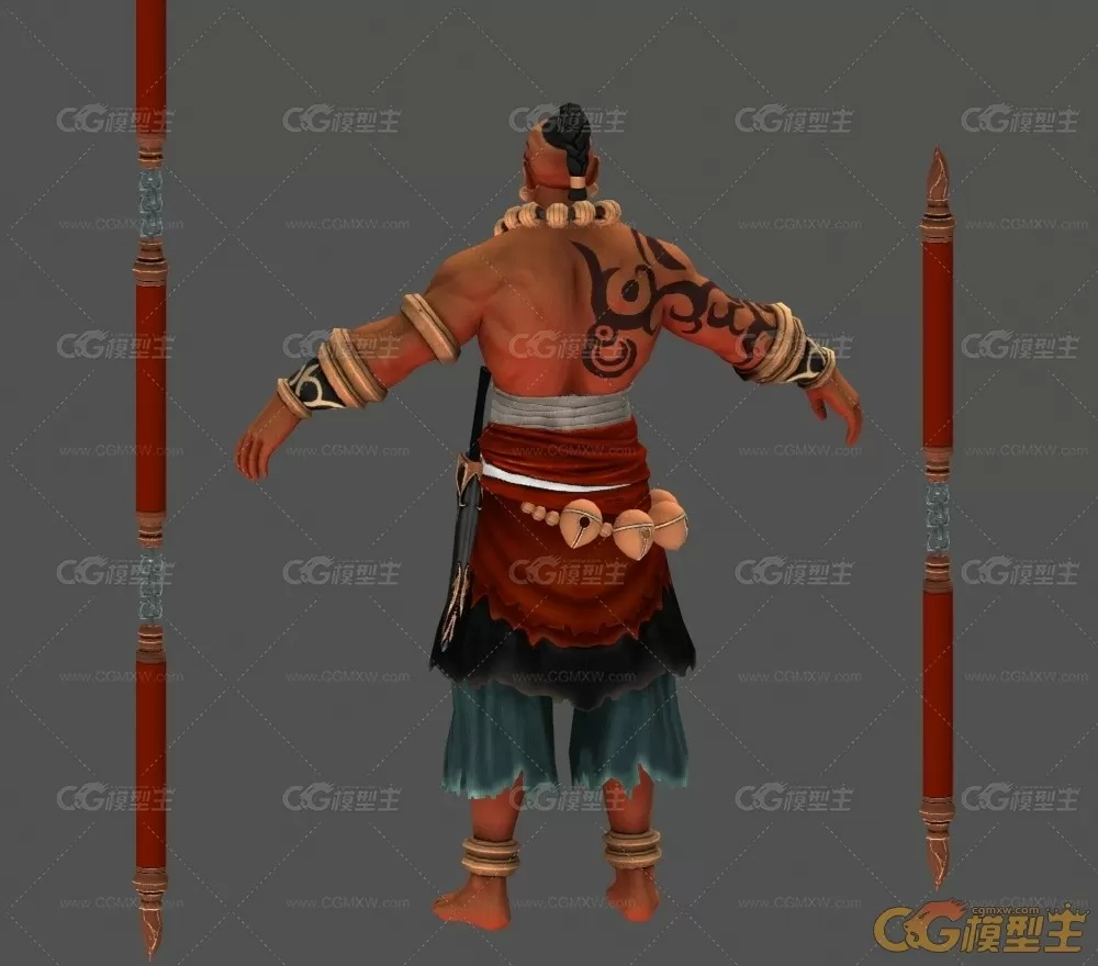 古代凶狠的武僧武侠人物游戏角色3dmax模型 武侠反派游戏人物双节棍三节棍3D模型-3