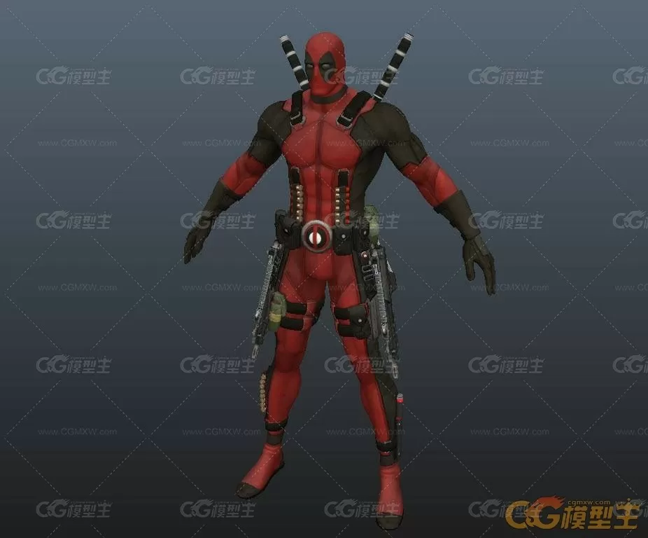 背着两把忍着带的红衣战士忍着游戏角色maya模型！Deadpool 3d model with textures-1