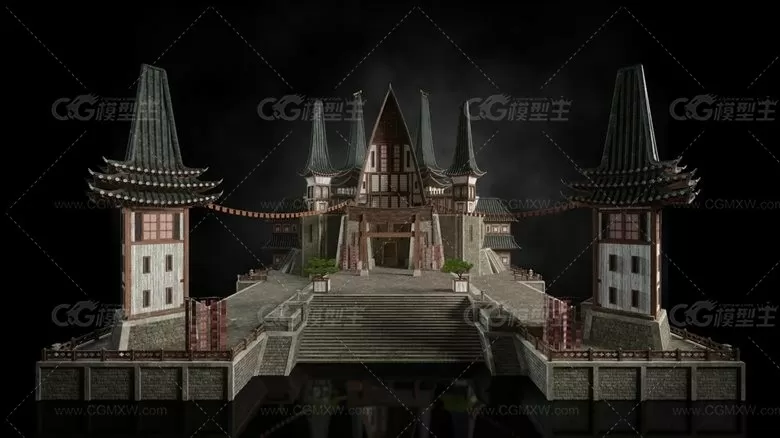 东方神秘村庄神庙建筑楼房3D模型 C4D/3DS MAX/FBX/OBJ格式-7