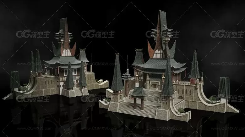 东方神秘村庄神庙建筑楼房3D模型 C4D/3DS MAX/FBX/OBJ格式-5