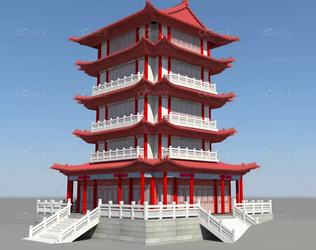 古代木结构的塔楼建筑房子maya模型免费下载！含贴图！-1