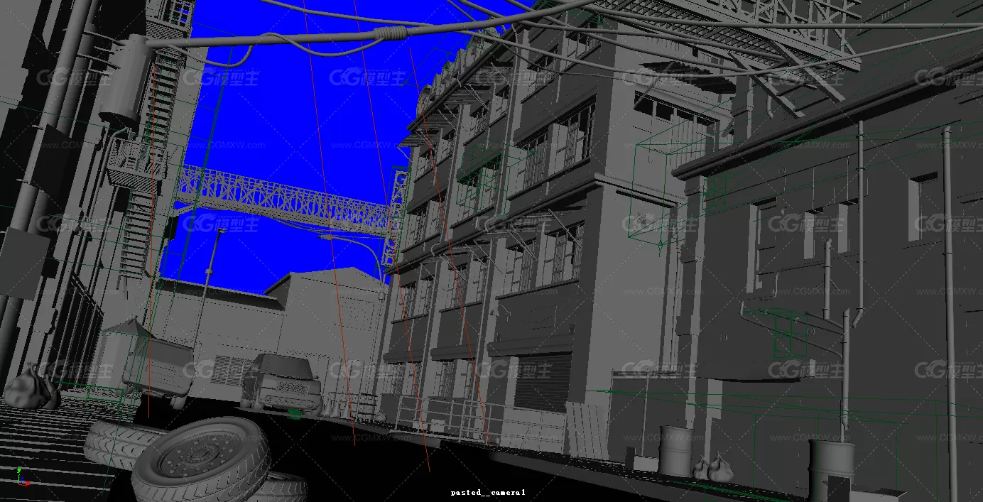 街道场景maya模型下载！城市街道街区路边场景maya模型下载！含电线、轮胎、汽车等 !-1