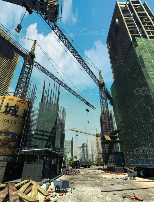 一个工地场景3dmax模型下载，贴图全！逼真写实的高楼大厦建筑工地施工现场3D模型 !-1