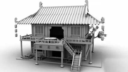 古代酒楼双层小楼建筑maya模型下载！龙门客栈酒楼古建筑房屋房子maya模型下载！