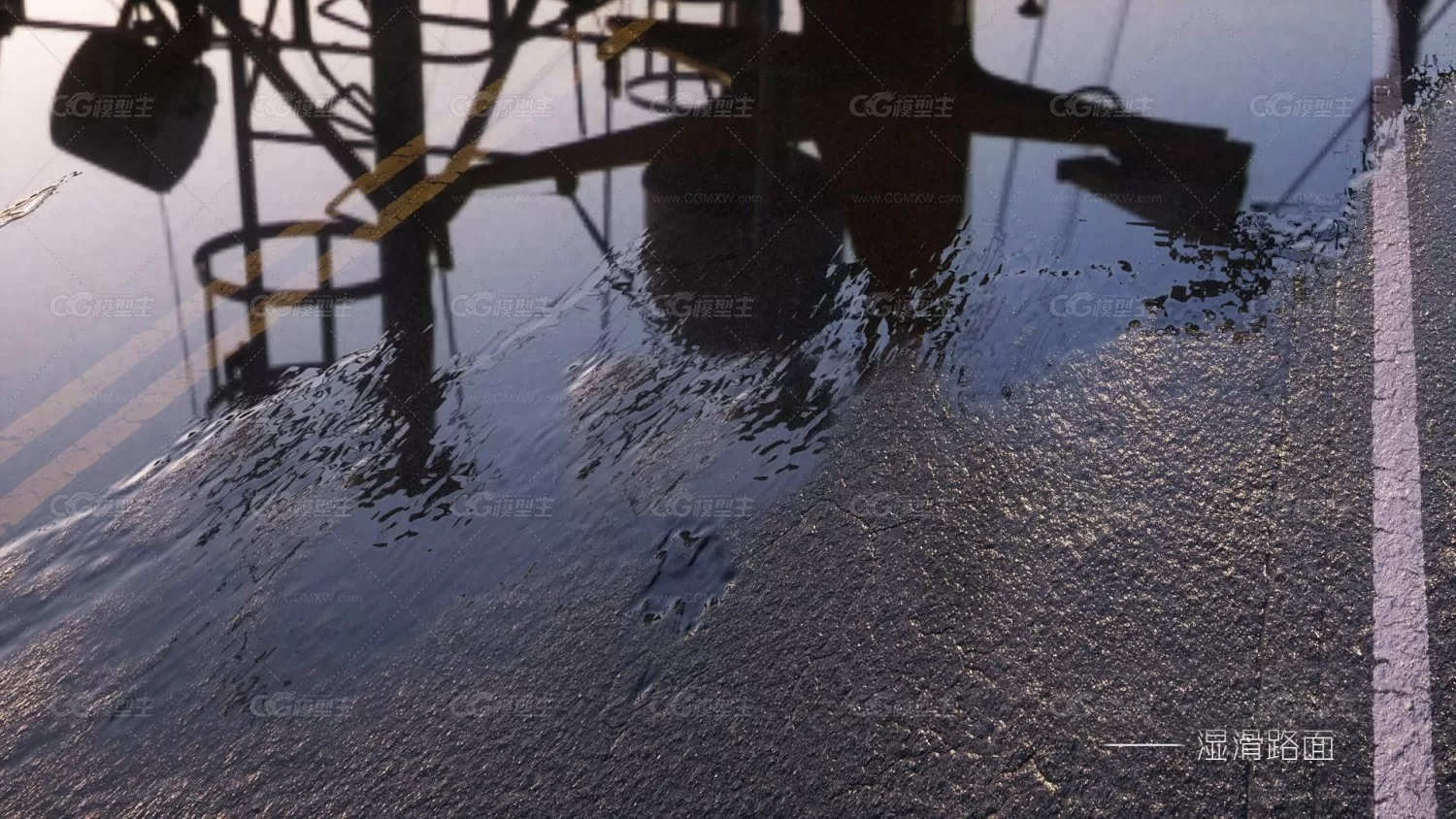 湿滑路面场景C4D模型下载！写实下雨后的湿滑水迹的路面地面马路场景CINEMA4D模型下载-1