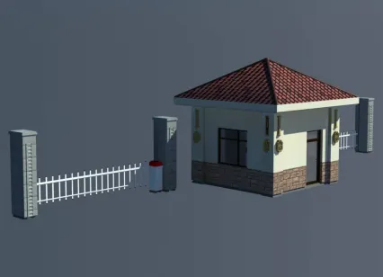 门卫岗亭场景建筑3dmax模型下载！写实的小区别墅房地产入口保安岗亭房子建筑3d模型！