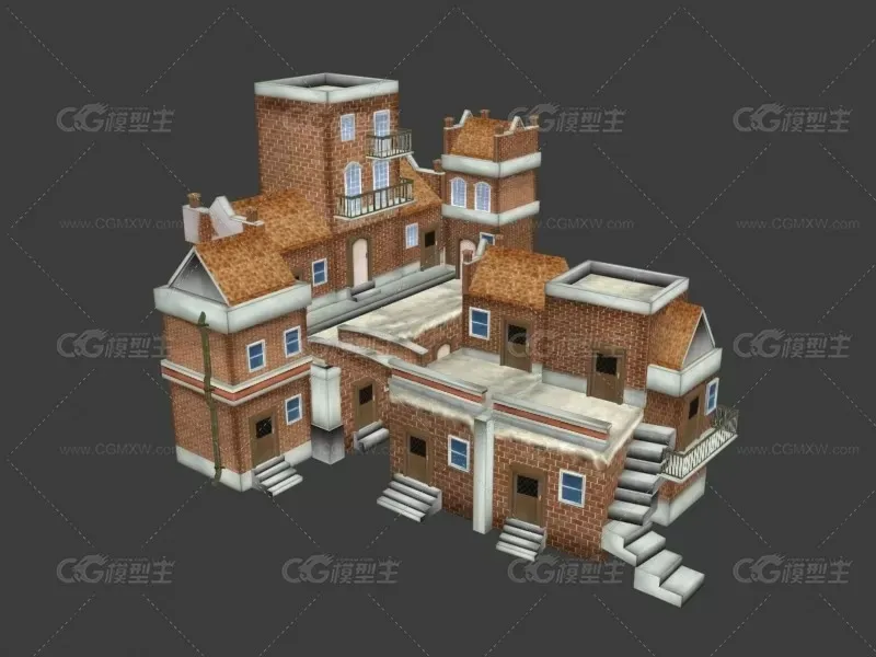 俄罗斯红砖墙房屋城堡楼房建筑CG模型下载！西方风格房屋建筑3dmax模型含贴图！-1