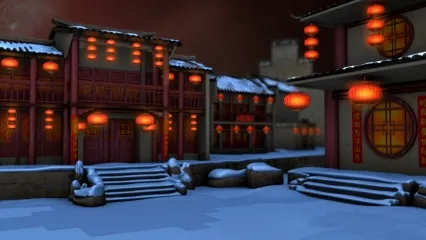 岭南风格老房子maya模型下载!夜晚堆满积雪挂红灯笼的古建筑房子maya模型下载!含贴图！