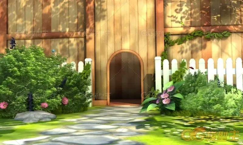 一个阳光明媚的卡通小花园院子小木屋花圃场景3dmax模型下载！含材质贴图和灯光！-1