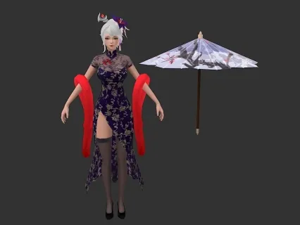 游戏女角色旗袍时装模型 带雨伞模型