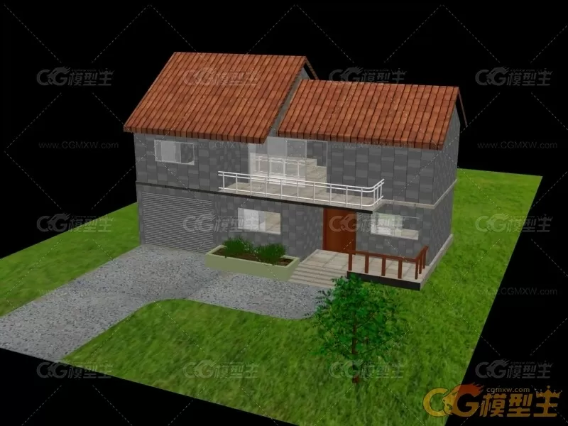 房子建筑3dmax模型下载！农村乡村郊区带小院子的独栋小楼房3dmax模型下载！-1