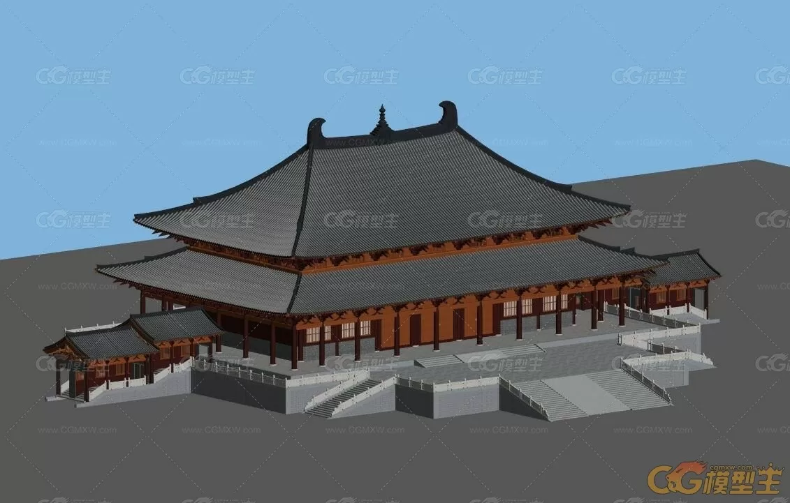 超精细古建3d模型下载！大雄宝殿古代建筑场景3dmax模型下载！寺院大雄宝殿3d模型！-1