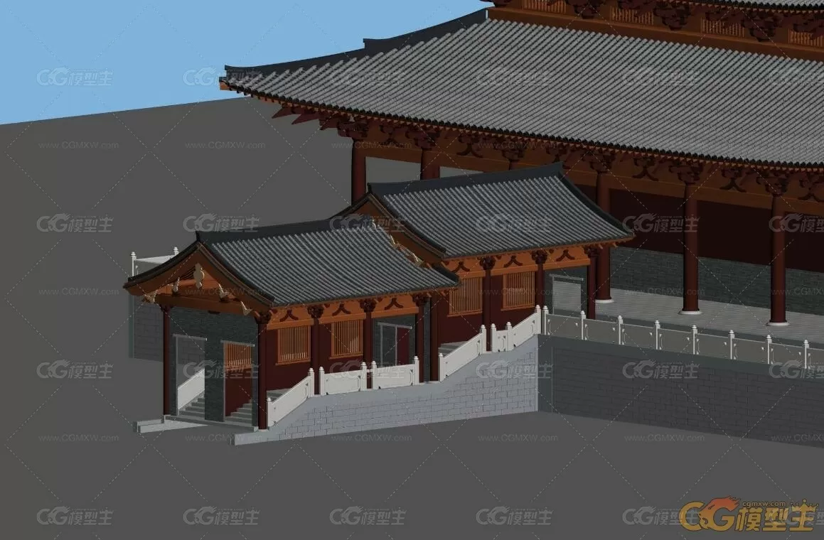 超精细古建3d模型下载！大雄宝殿古代建筑场景3dmax模型下载！寺院大雄宝殿3d模型！-3