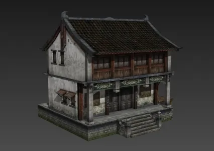 写实的中国民间青瓦白砖建筑房子3dmax模型下载！古代两层建筑屋子max模型下载！