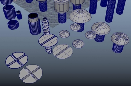 各种类型螺丝maya模型下载！各种型号规格的螺丝钉+梅花十字一字螺丝+螺帽maya模型下载