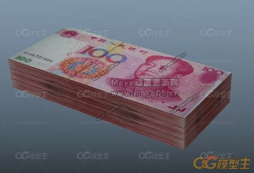 钱，RMB，人民币maya模型下载！票子一堆百元大钞钱币100元纸币maya模型下载！含贴图！-1