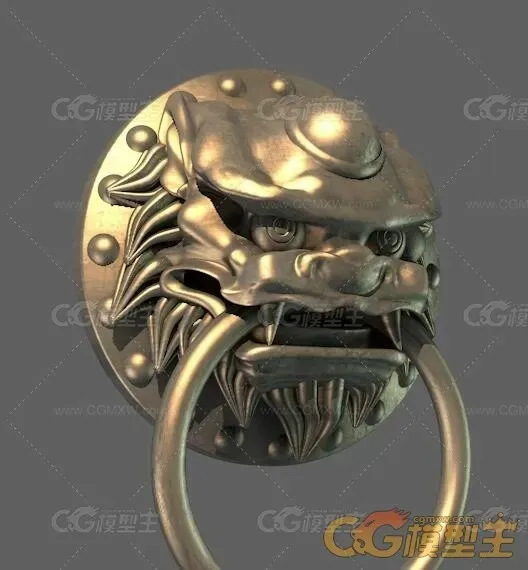 中式大门门扣FBX模型下载！虎头门口狮头门扣fbx模型下载！古建筑大门兽头门扣 ！-1